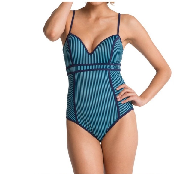 SPANX Sweetheart One Piece Swimsuit Navy Splash ThinStripe Size 12 - Picture 1 of 11